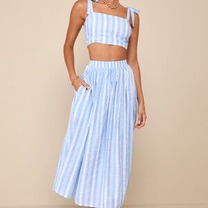 Lulus Cheerful Season Blue Striped Two-piece Midi Dress With Pockets - Size S